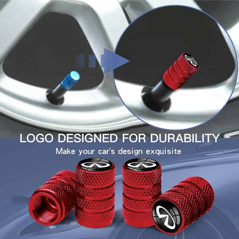 Comburvo 4Pcs Automobile Tire Valve Stem Covers, Corrosion-Resistant Tire Valve Stem Cover Suitable for Infiniti QX50 Q50 Q70 Q70L Q60 QX30 QX60 Infiniti Series Stem Cap Universal Car Valve Cover Red - Image 3
